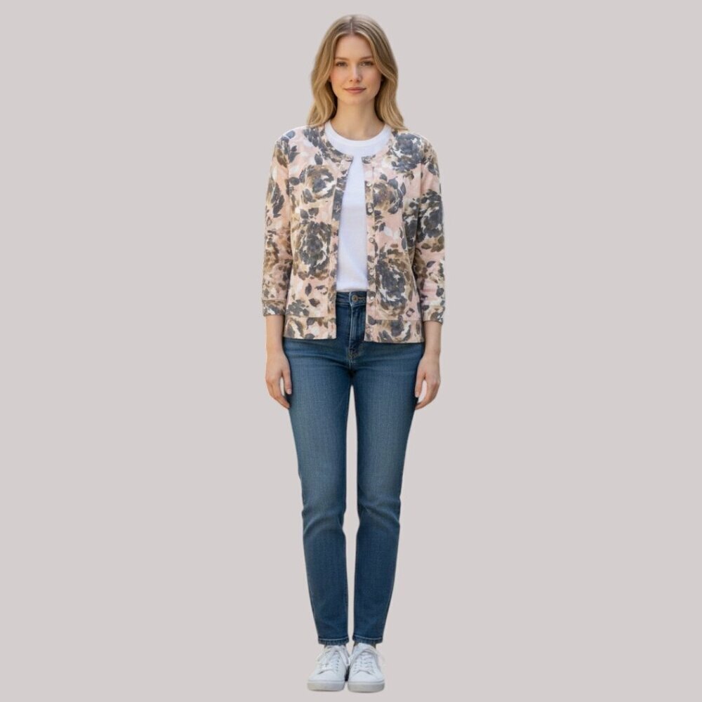 Rafaella Women's Cardigan Peach Grey Floral Rhinestone Buttons Cotton Large NWOT